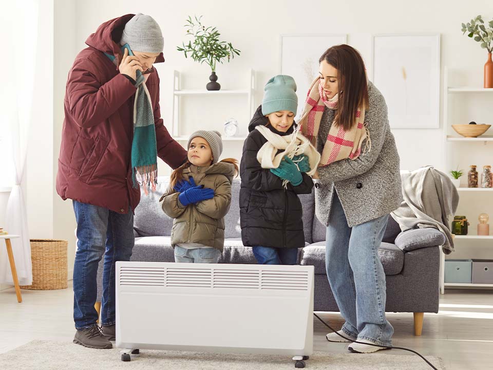 Eine Familie steht in Wintersachen in ihrer Wohnung vor einer defekten Heizung