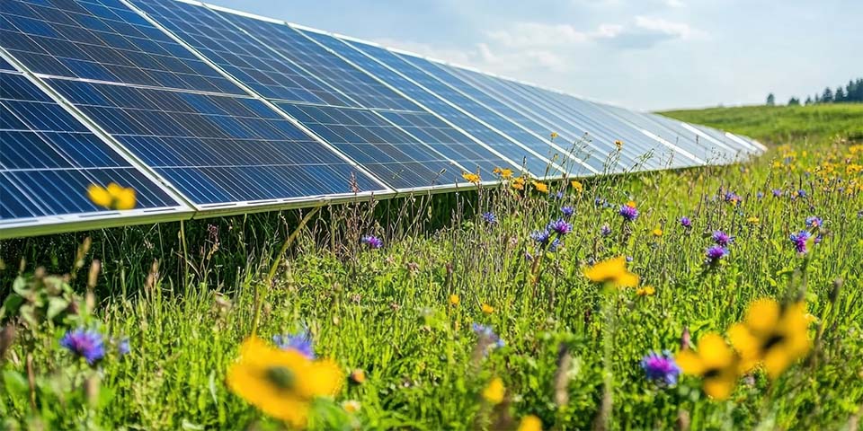 Photovoltaik-Anlage inmitten einer Blühwiese (KI-generiert)