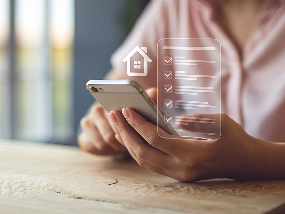 Person hält ein Smartphone mit einer digitalen Checkliste und einem Haus-Symbol
