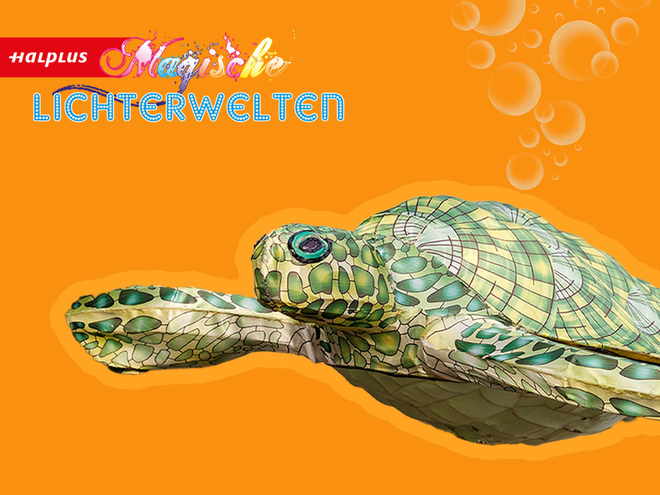 Eine Schildkrötenfigur auf orangenem Hintergrund mit dem Logo der Halplus Magischen Lichterwelten