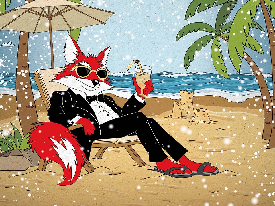 Herr Fuchs sitzt unter Palmen an einem Strand