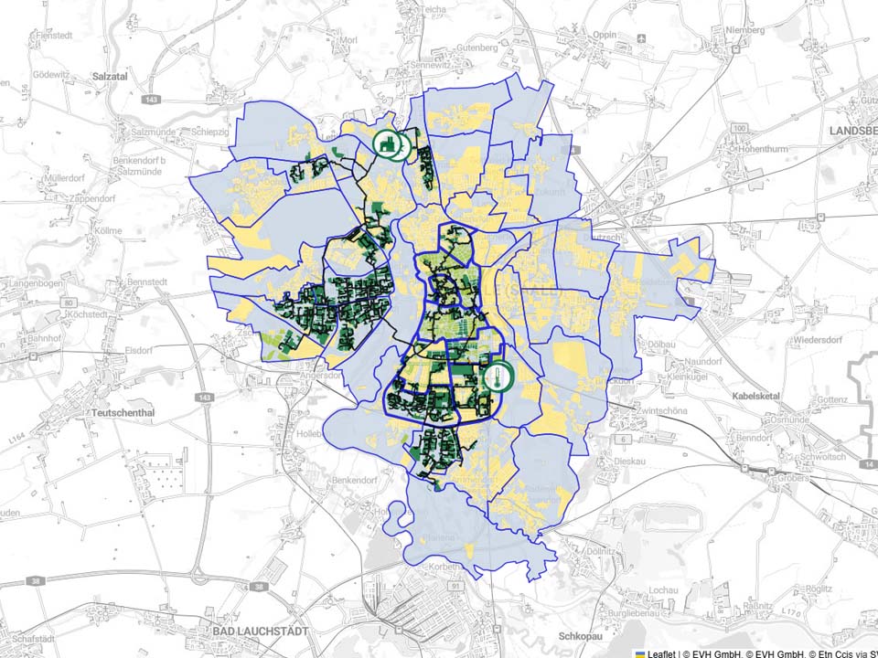 Screenshot unseres Wärmeatlas zur Ansicht des Fernwärmeausbaus in Halle (Saale)
