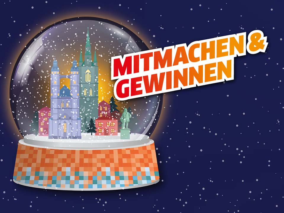 Illustrierte Schneekugel mit den Wahrzeichen von Halle (Saale)