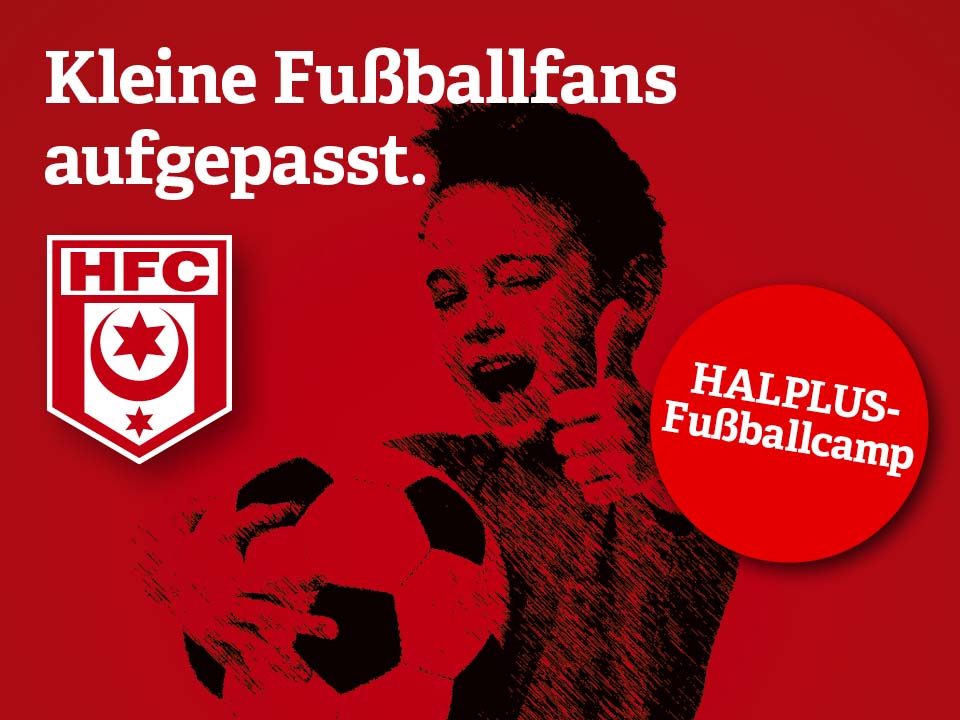 HFC-Logo, Schriftzug und ein illustrierter Junge mit einem Fußball auf einem roten Hintergrund
