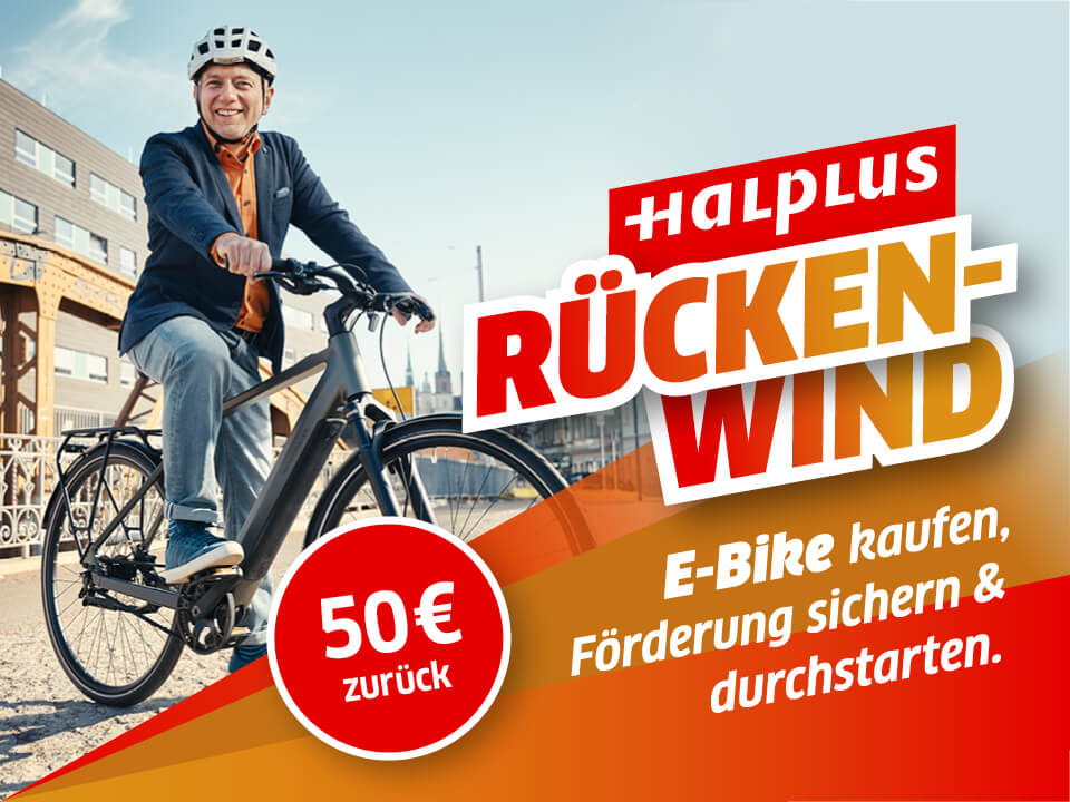 Mann auf E-Bike, orangene Strahlen und der Text "Rückenwind: E-Bike kaufen, Förderung sichern und durchstarten"