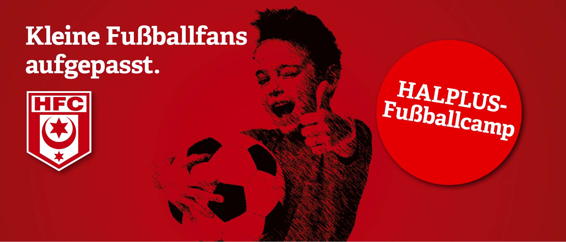 HFC-Logo, Schriftzug und ein illustrierter Junge mit einem Fußball auf einem roten Hintergrund