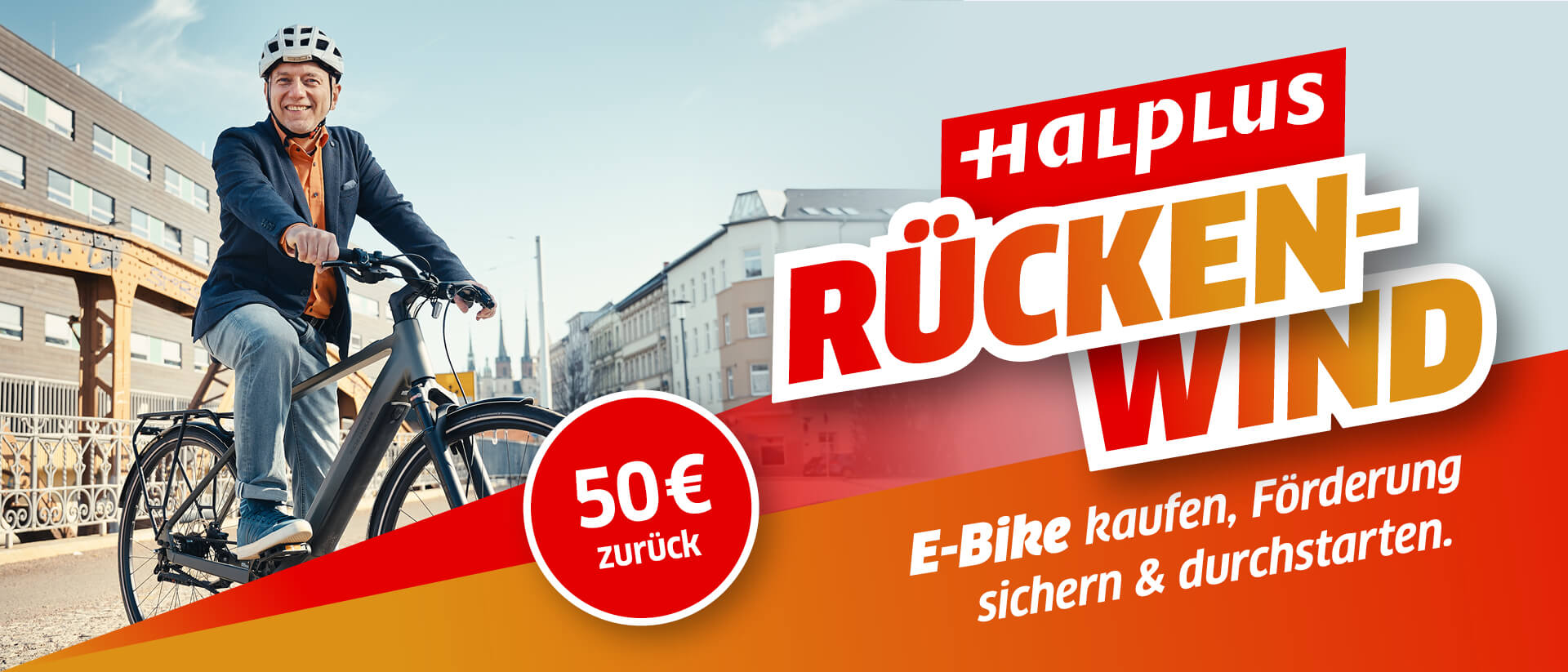 Mann auf E-Bike und der Text: "Rückenwind: E-Bike kaufen, Förderung sichern und durchstarten, 50e zurück